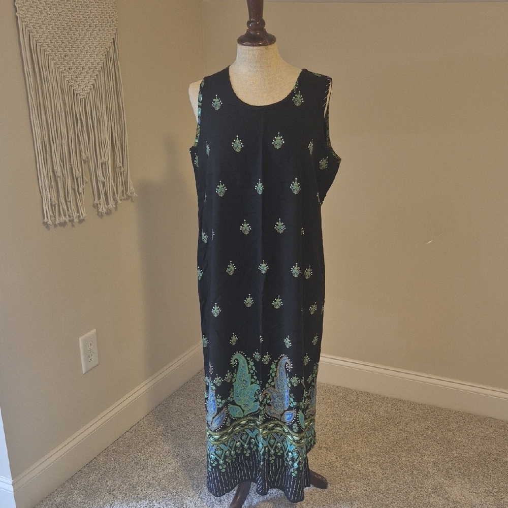 Vtg Caribou Elegant Black and Green Sleeveless Dress Size L